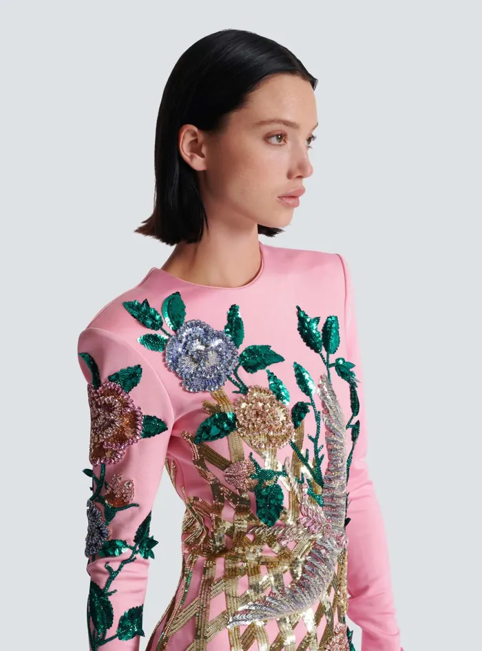 Embroidered Roses Dress Pink Women Balmain Dresses