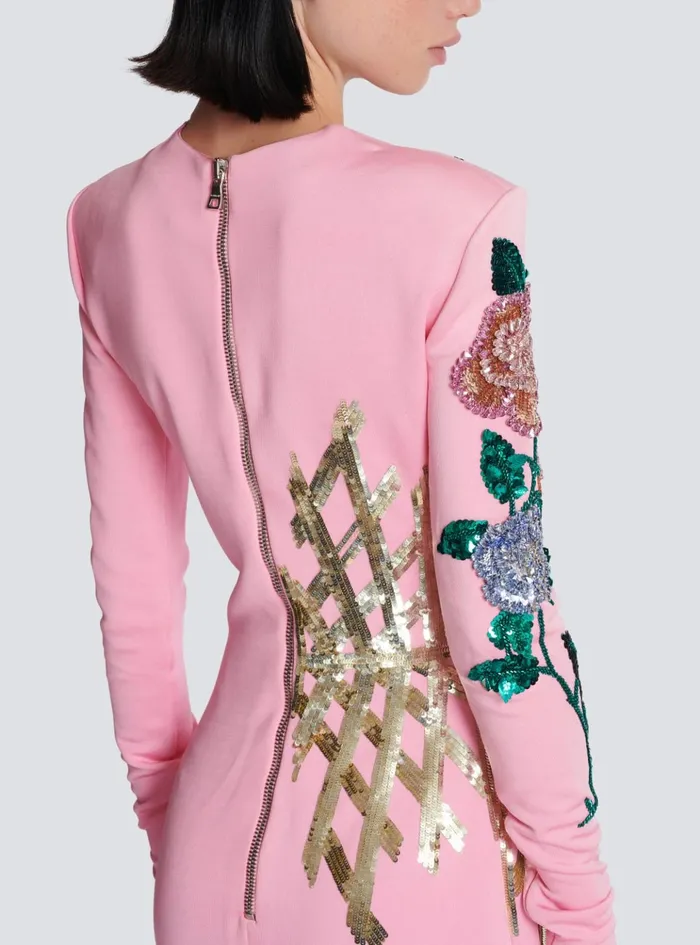 Embroidered Roses Dress Pink Women Balmain Dresses