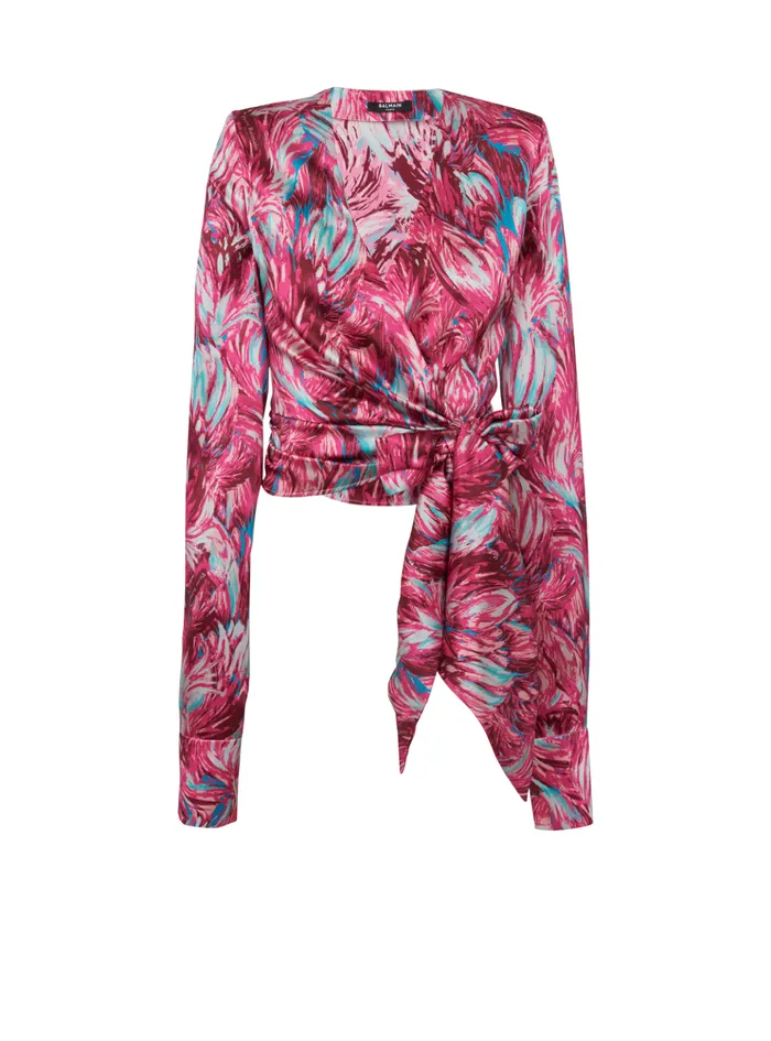 Feather Print Satin Wrap Blouse Pink Women Balmain Tops And Shirts