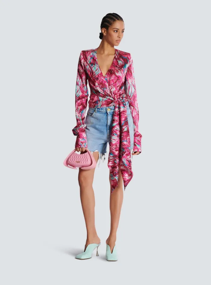 Feather Print Satin Wrap Blouse Pink Women Balmain Tops And Shirts