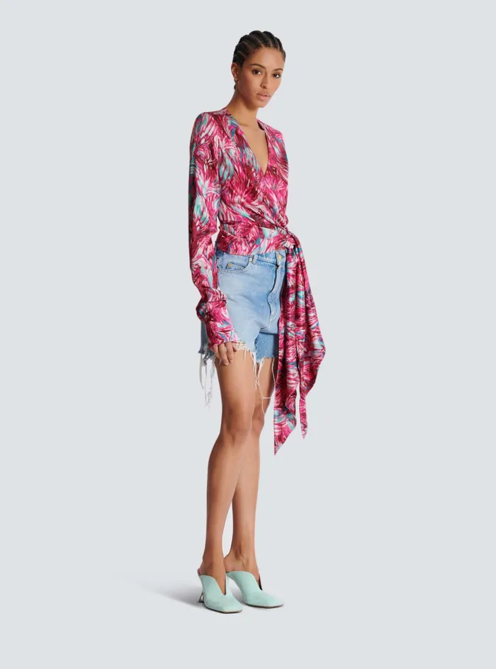 Feather Print Satin Wrap Blouse Pink Women Balmain Tops And Shirts