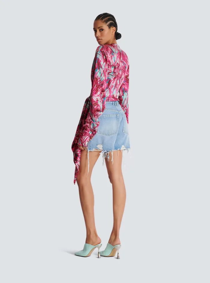 Feather Print Satin Wrap Blouse Pink Women Balmain Tops And Shirts