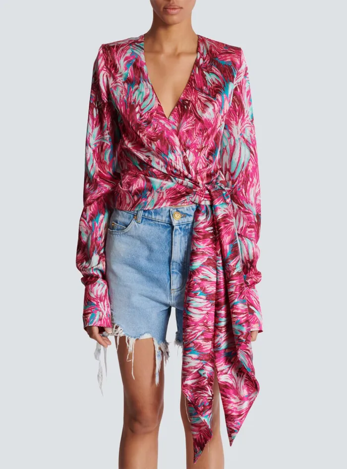 Feather Print Satin Wrap Blouse Pink Women Balmain Tops And Shirts