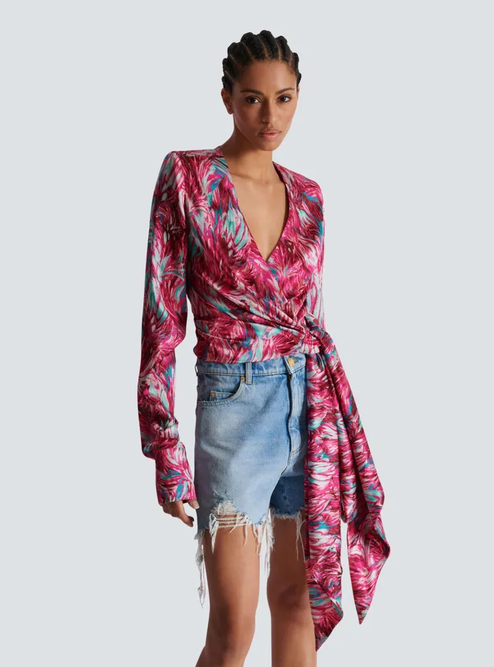 Feather Print Satin Wrap Blouse Pink Women Balmain Tops And Shirts