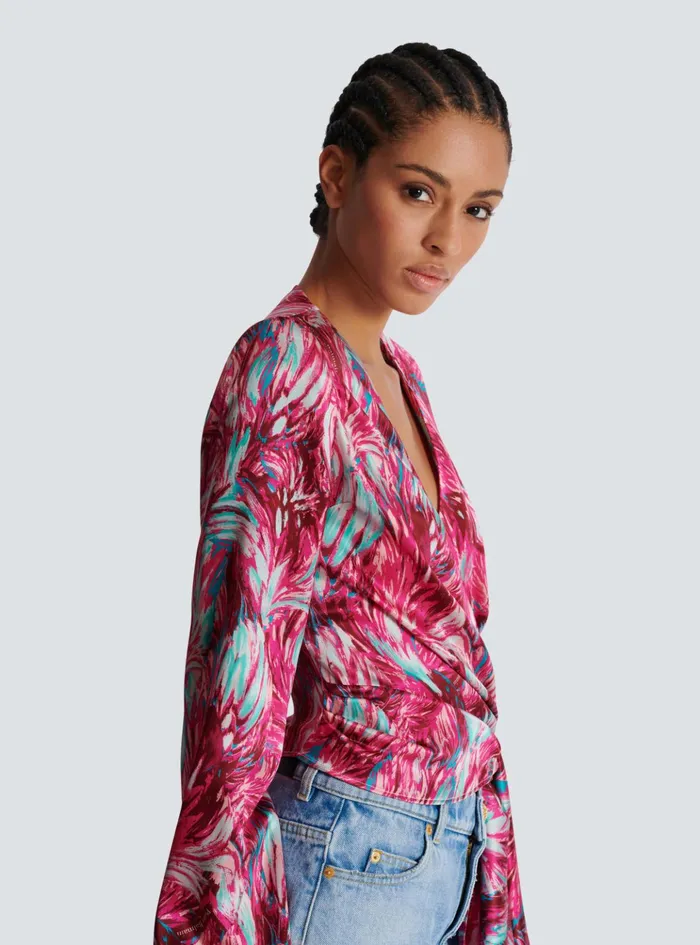 Feather Print Satin Wrap Blouse Pink Women Balmain Tops And Shirts