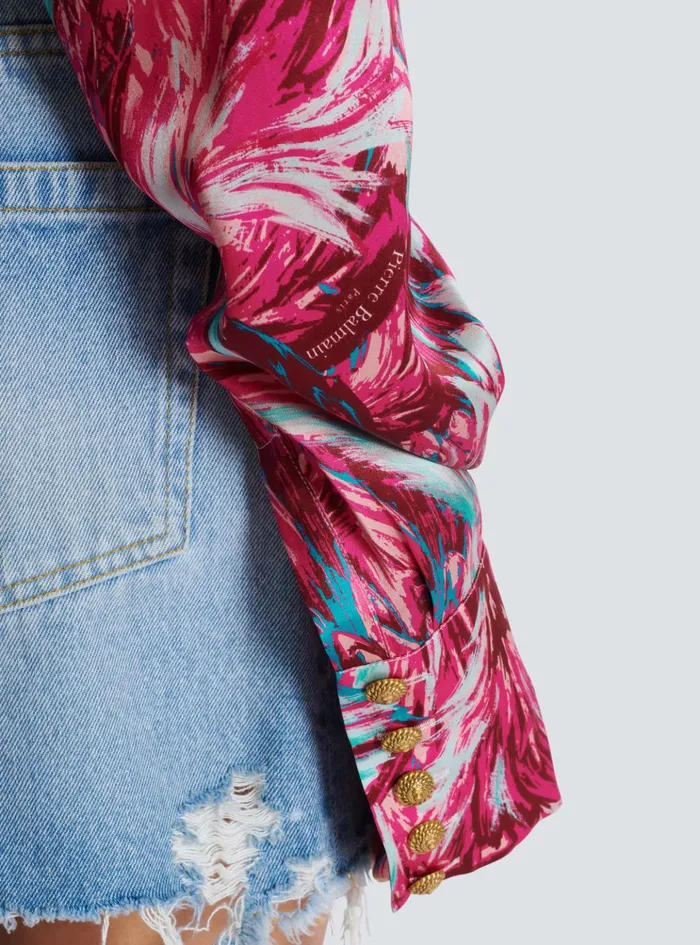 Feather Print Satin Wrap Blouse Pink Women Balmain Tops And Shirts