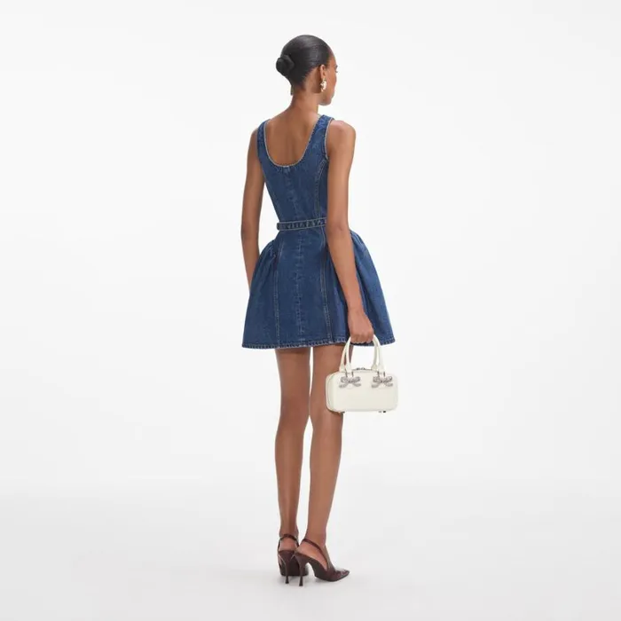 Flared Denim Mini Dress Women Self Portrait Dresses Flared Denim Mini Dress Women Self Portrait Dresses