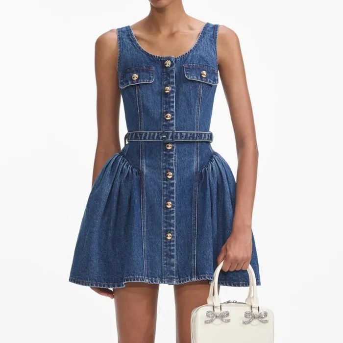 Flared Denim Mini Dress Women Self Portrait Dresses Flared Denim Mini Dress Women Self Portrait Dresses