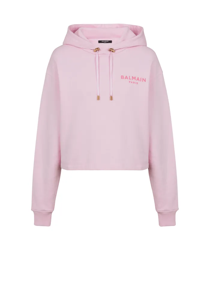 Flocked Paris Hoodie Pink Women Balmain Sweatshirts