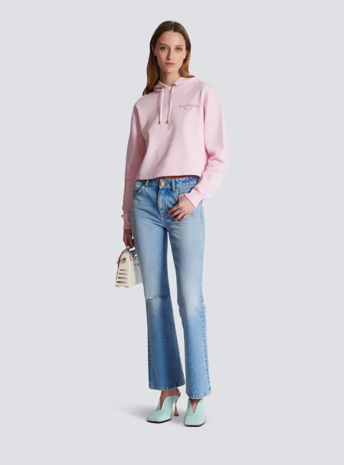 Flocked Paris Hoodie Pink Women Balmain Sweatshirts