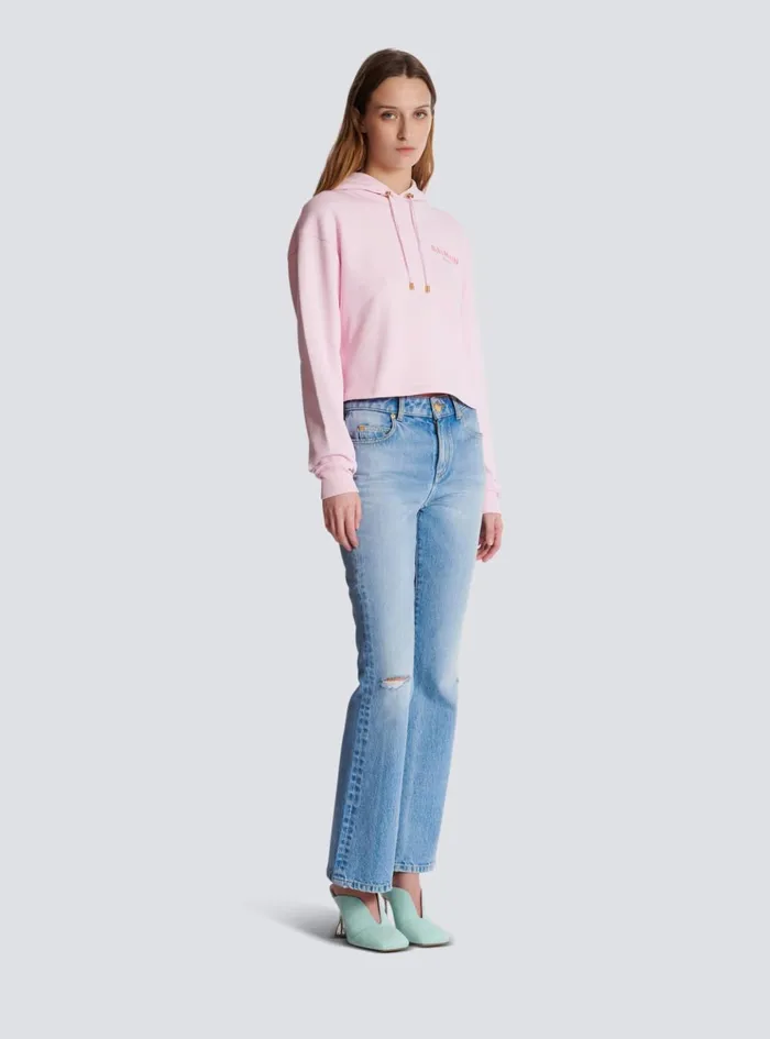 Flocked Paris Hoodie Pink Women Balmain Sweatshirts