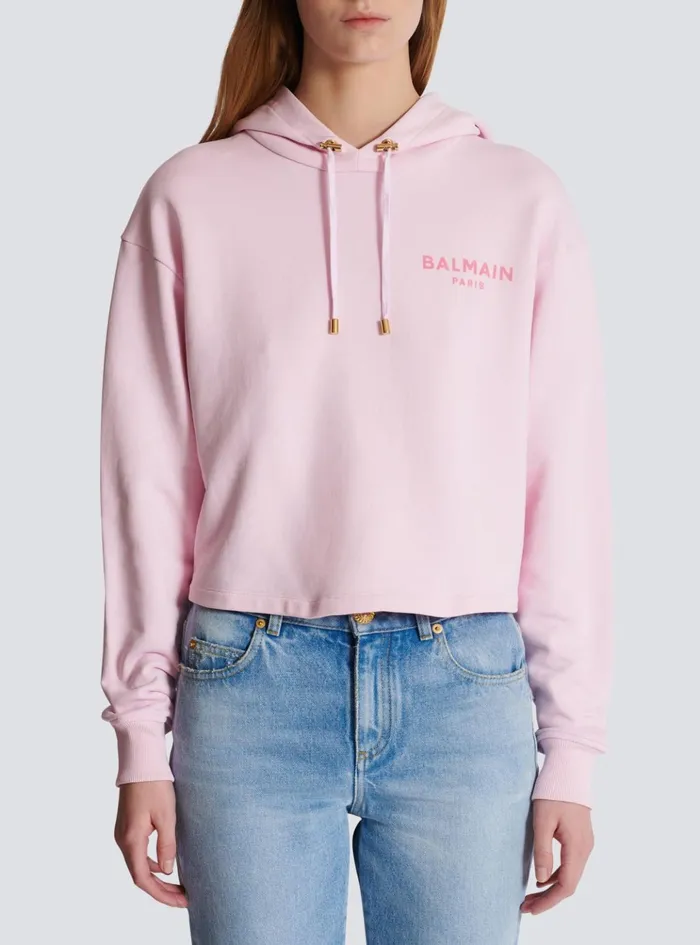 Flocked Paris Hoodie Pink Women Balmain Sweatshirts