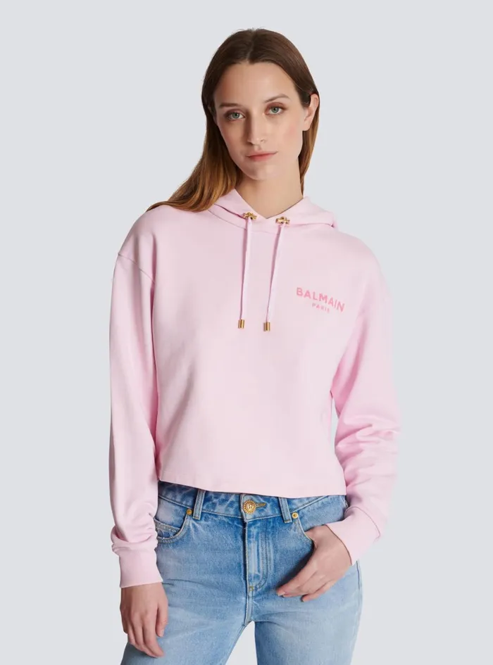 Flocked Paris Hoodie Pink Women Balmain Sweatshirts