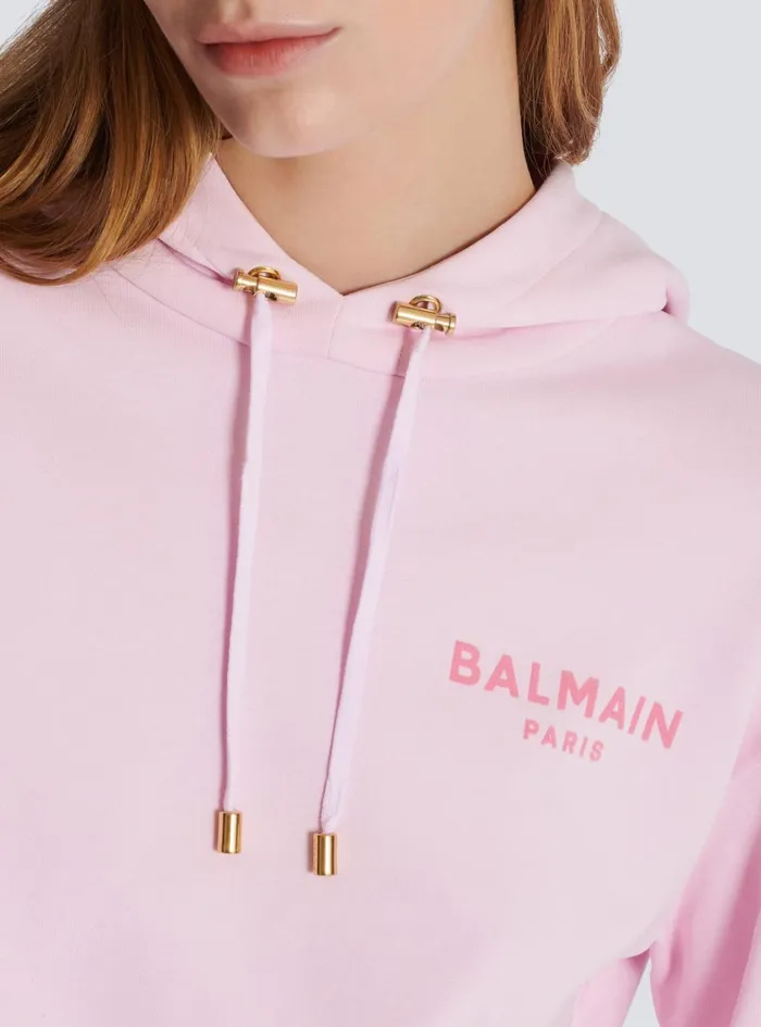 Flocked Paris Hoodie Pink Women Balmain Sweatshirts