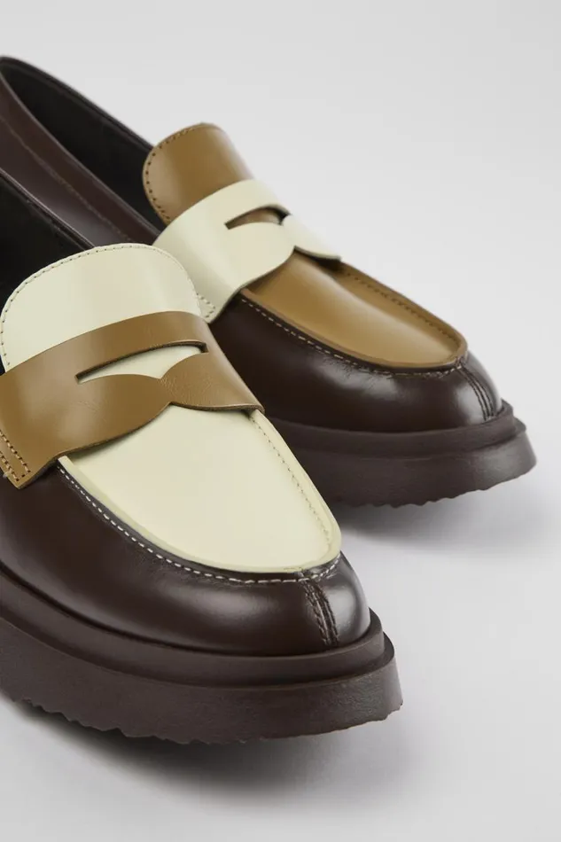 Formal Shoes Women Camper Twins Brown And White Leather Loafers