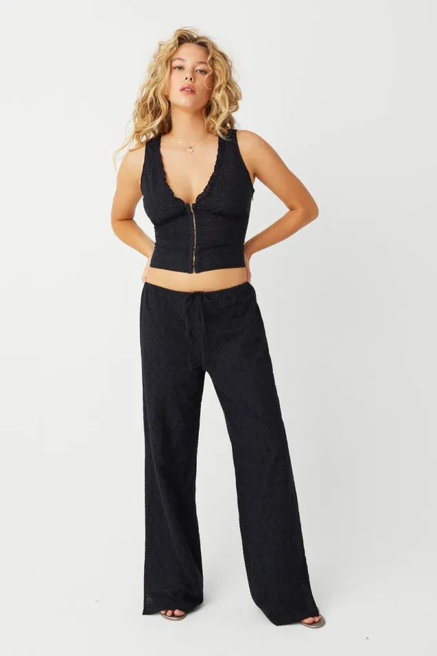 Frankies Bikinis Matching Sets Women Daisy Eyelet Low Rise Pant Black