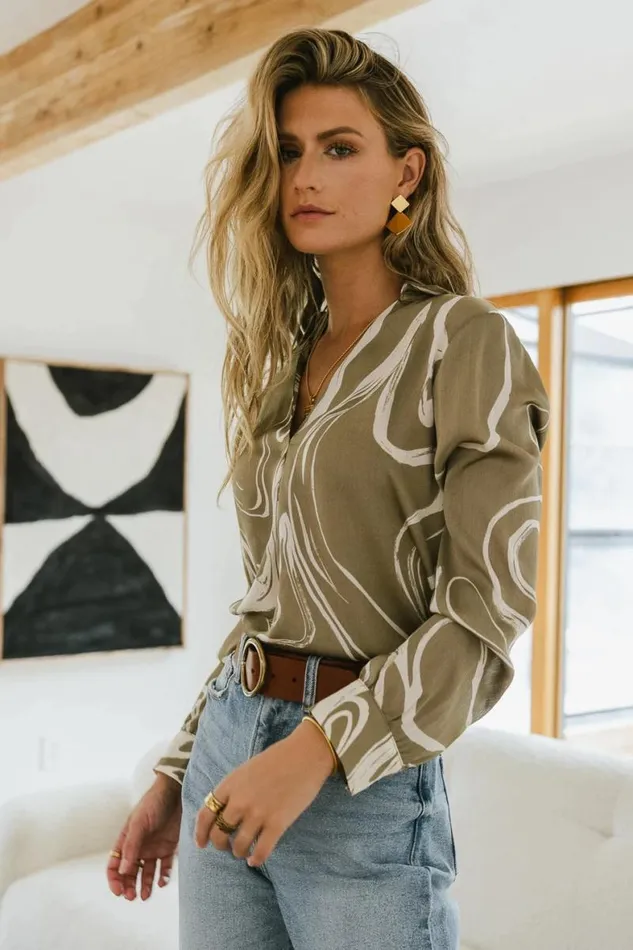 Gigi Abstract Blouse Olive Women Bohme Tops