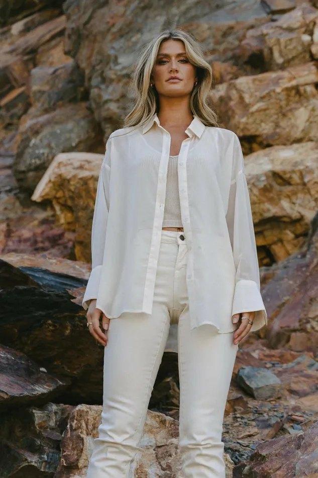 Ginny Sheer Button Up In Cream Cream Women Bohme Tops