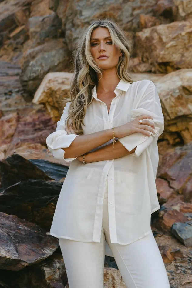 Ginny Sheer Button Up In Cream Cream Women Bohme Tops