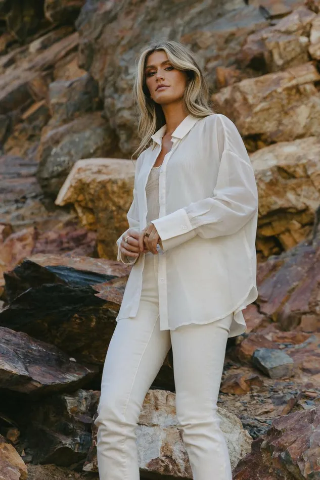 Ginny Sheer Button Up In Cream Cream Women Bohme Tops