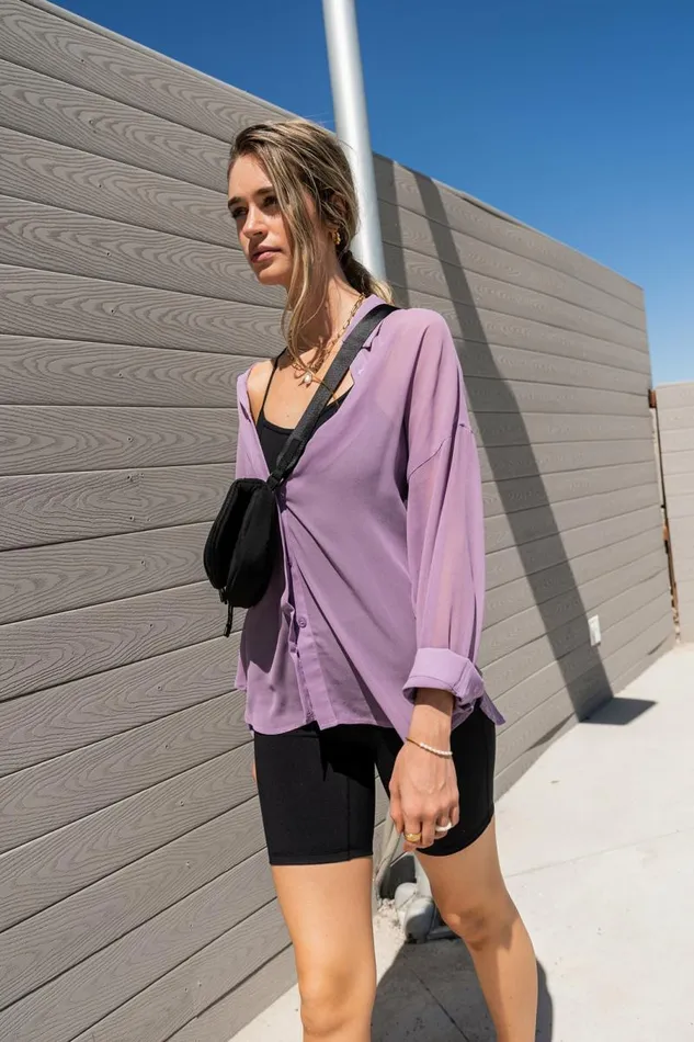 Ginny Sheer Button Up In Lavender 8211 FINAL SALE Lavender Women Bohme Tops