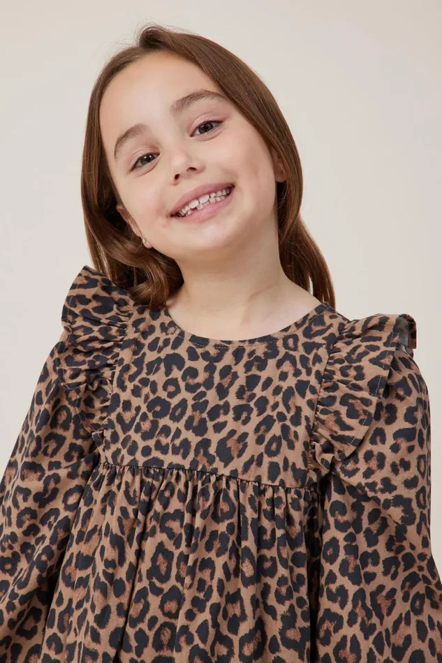 Girls 214 Dresses Cotton On Holly Long Sleeve Dress Taupy Brownmolly Leopard