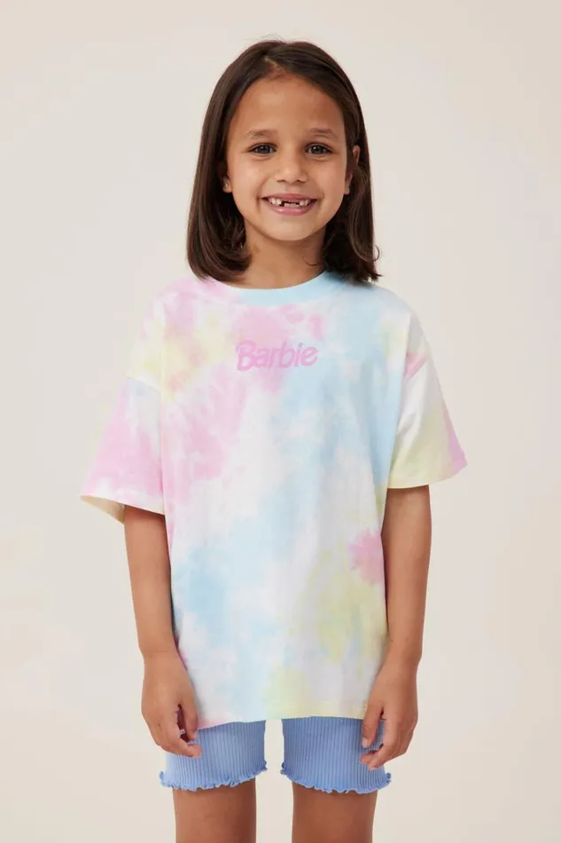 Girls 214 Tops and TShirts Cotton On Barbie Drop Shoulder Short Sleeve Tee Lcn Mat Barbie Logopastel Tie Dye