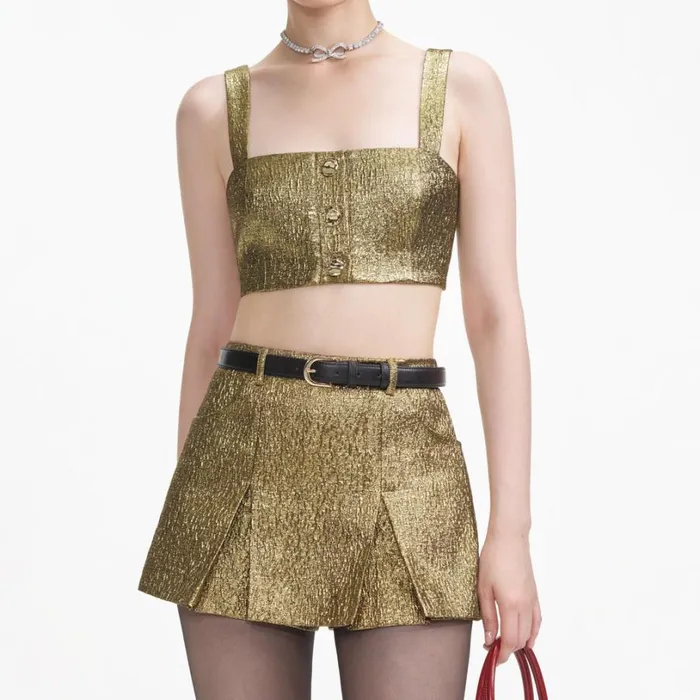 Gold Metallic Jacquard Skort Women Self Portrait Bottoms Gold Metallic Jacquard Skort Women Self Portrait Bottoms