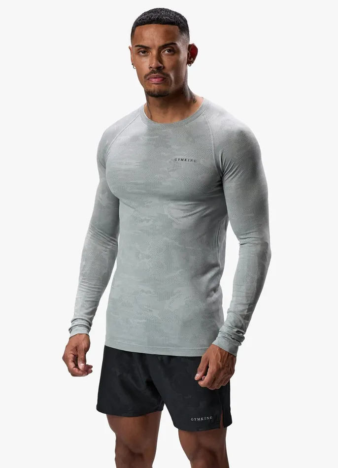 Gym King Gymwear Men Debossed Camo Seamless LS Tee 8211 Cloudy Grey