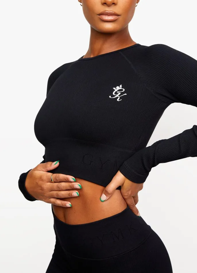 Gym King Gymwear Women Formation Rib Long Sleeve Crop Tee 8211 Black