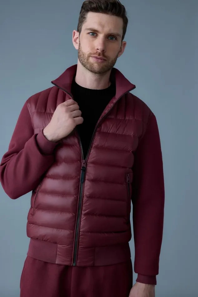 Hoodies and Tops Men Mackage COLLINR Nano Down Mixed Media Bomber Jacket Garnet Hoodies and Tops Men Mackage COLLINR Nano Down Mixed Media Bomber Jacket Garnet