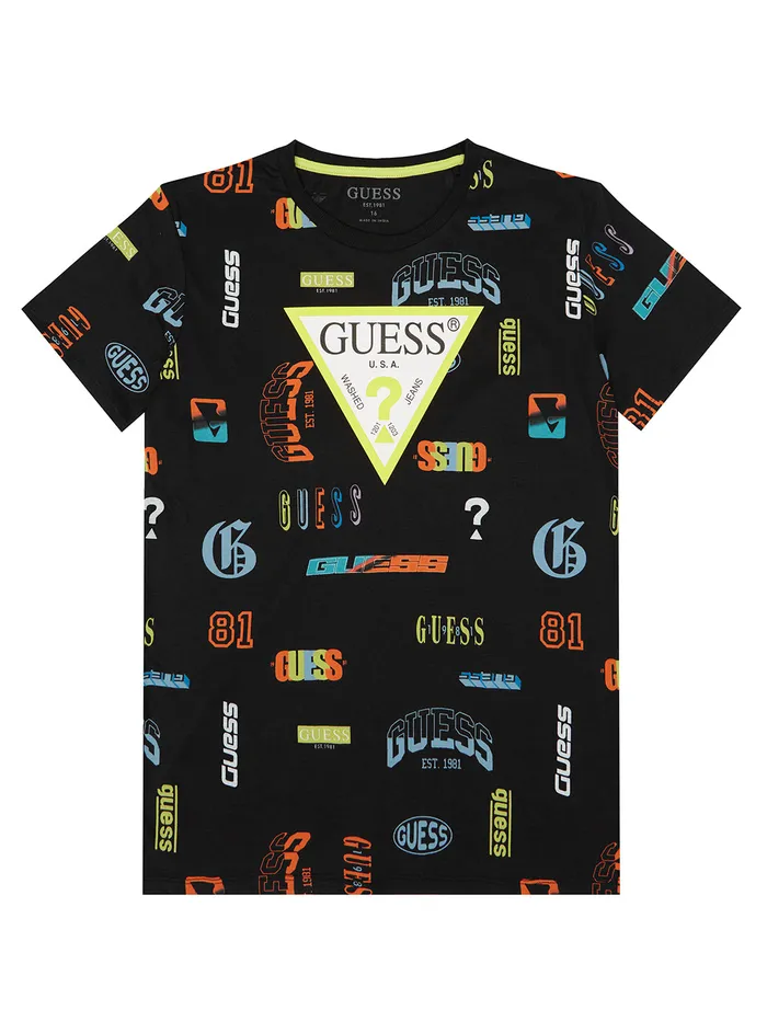 Kids Big Boy GUESS Black Logo Print Active Tshirt 716