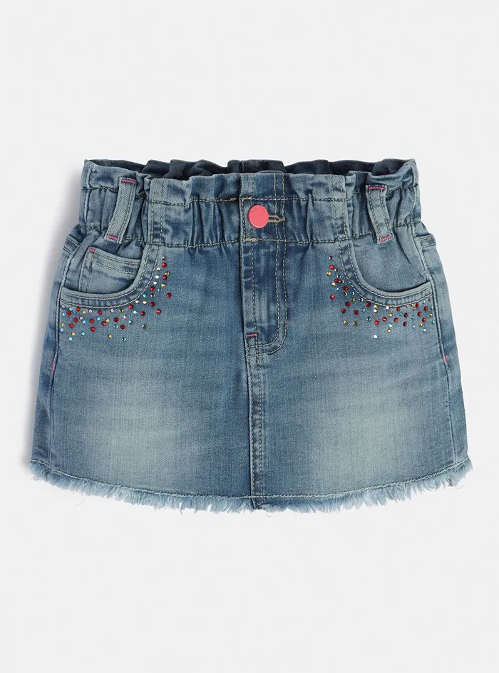 Kids Little Girl GUESS Light Wash Embellished Denim Skirt 27