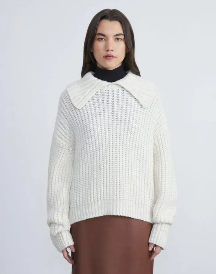 Lafayette 148 New York CashmereSilk Collared Sweater Cloud Ready To Wear Sweaters and Knits