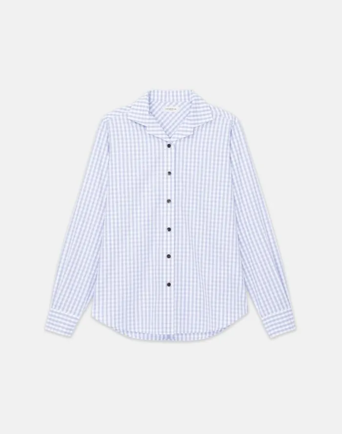 Lafayette 148 New York Gingham Cotton Poplin Notched Shawl Collar Shirt Wild Bluet Multi Ready To Wear Blouses and Shirts Lafayette 148 New York Gingham Cotton Poplin Notched Shawl Collar Shirt Wild Bluet Multi Ready To Wear Blouses and Shirts