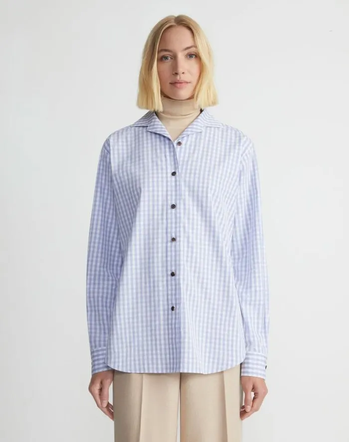 Lafayette 148 New York Gingham Cotton Poplin Notched Shawl Collar Shirt Wild Bluet Multi Ready To Wear Blouses and Shirts