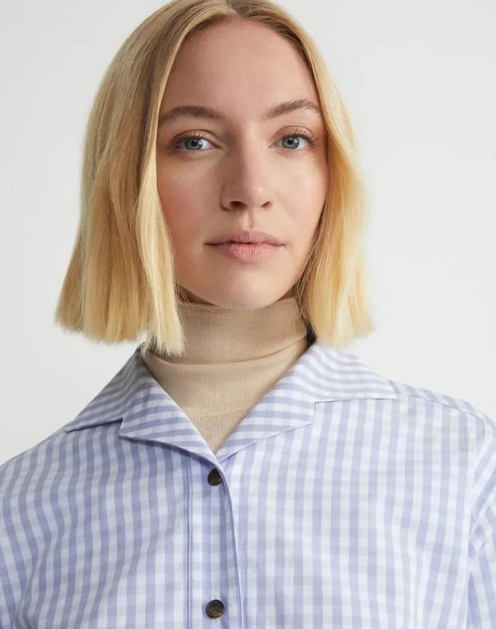 Lafayette 148 New York Gingham Cotton Poplin Notched Shawl Collar Shirt Wild Bluet Multi Ready To Wear Blouses and Shirts