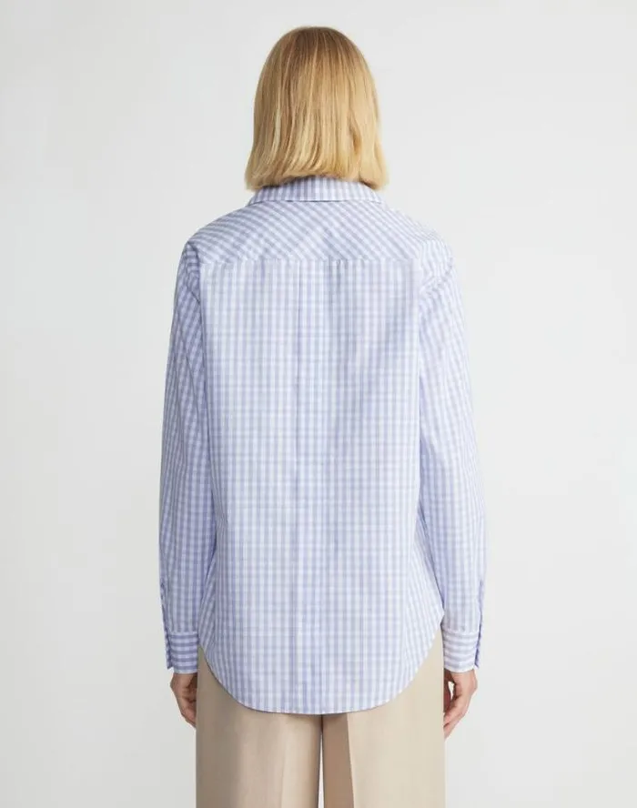 Lafayette 148 New York Gingham Cotton Poplin Notched Shawl Collar Shirt Wild Bluet Multi Ready To Wear Blouses and Shirts
