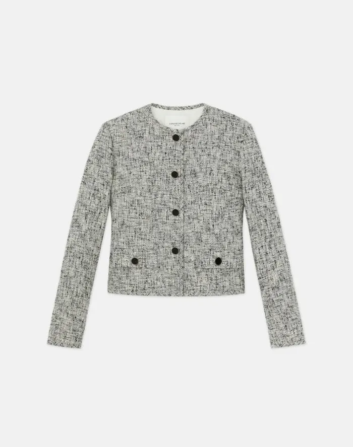 Lafayette 148 New York LinenCotton Boucl Tweed Collarless Buttoned Jacket Black Multi Ready To Wear Jackets and Blazers Lafayette 148 New York LinenCotton Boucl Tweed Collarless Buttoned Jacket Black Multi Ready To Wear Jackets and Blazers