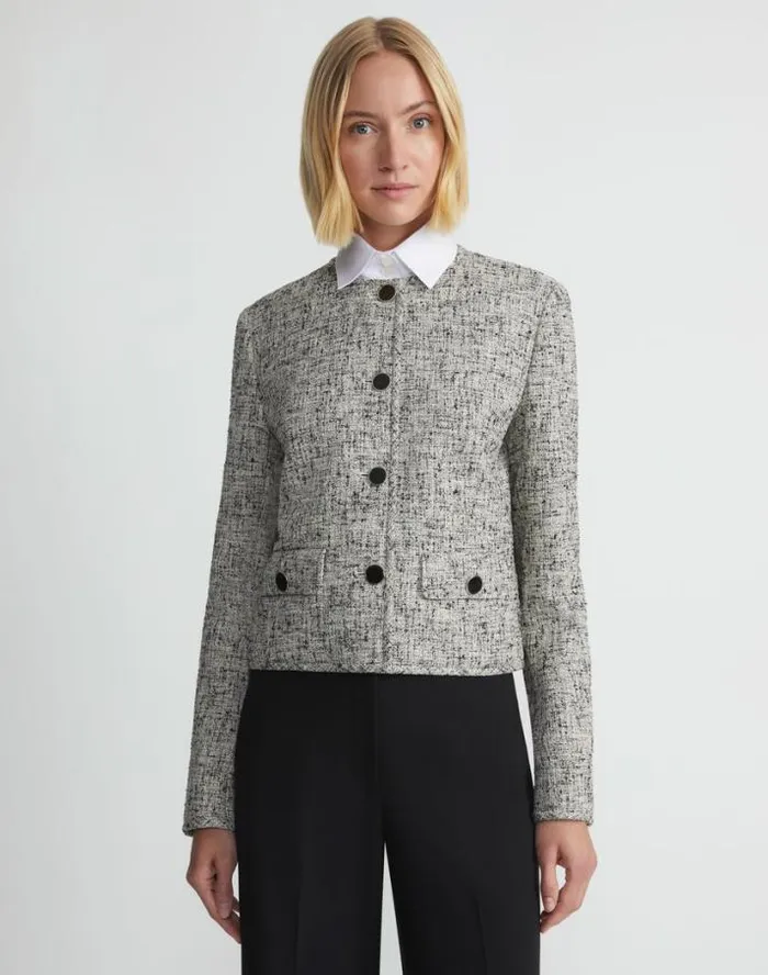 Lafayette 148 New York LinenCotton Boucl Tweed Collarless Buttoned Jacket Black Multi Ready To Wear Jackets and Blazers
