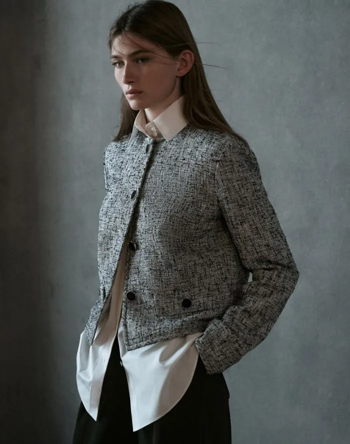 Lafayette 148 New York LinenCotton Boucl Tweed Collarless Buttoned Jacket Black Multi Ready To Wear Jackets and Blazers