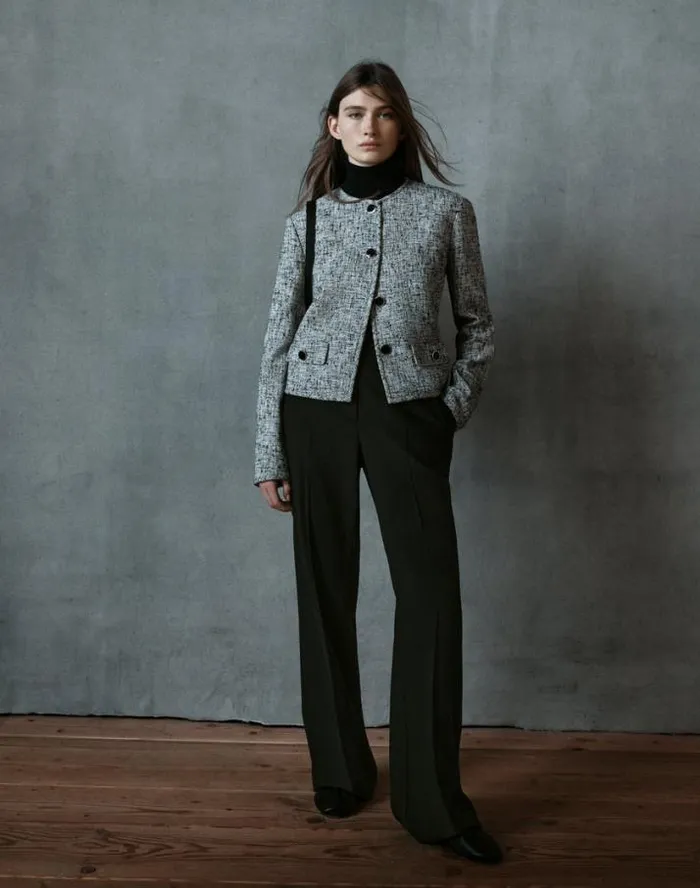 Lafayette 148 New York LinenCotton Boucl Tweed Collarless Buttoned Jacket Black Multi Ready To Wear Jackets and Blazers
