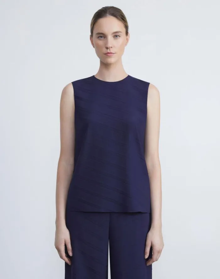 Lafayette 148 New York Sateen Diagonal Pleat Blouse Midnight Blue Ready To Wear Blouses and Shirts
