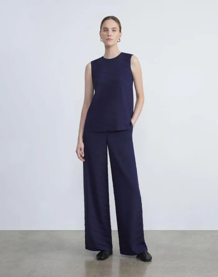 Lafayette 148 New York Sateen Diagonal Pleat Blouse Midnight Blue Ready To Wear Blouses and Shirts