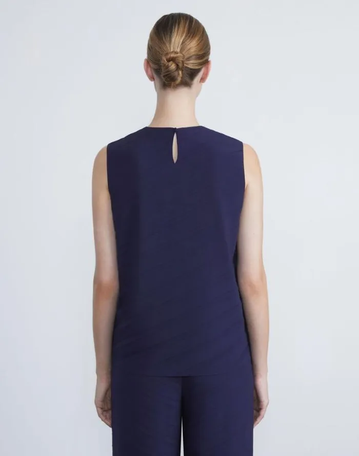 Lafayette 148 New York Sateen Diagonal Pleat Blouse Midnight Blue Ready To Wear Blouses and Shirts