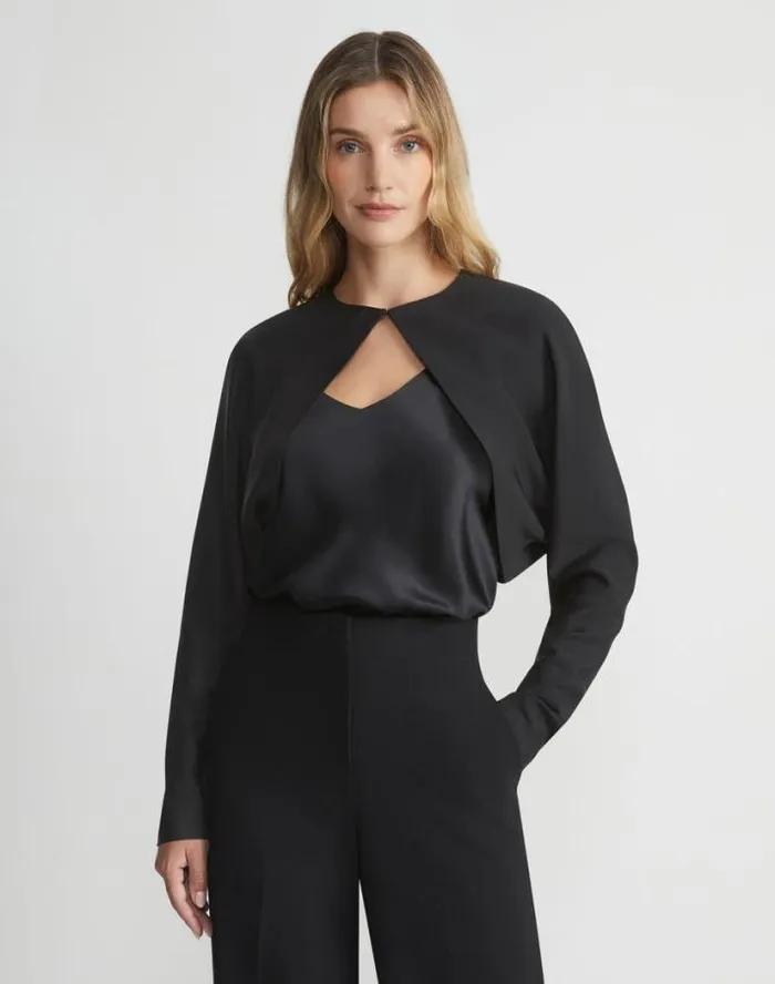 Lafayette 148 New York Silk Stretch Crepe De Chine Cutaway Bolero Black Ready To Wear Jackets and Blazers