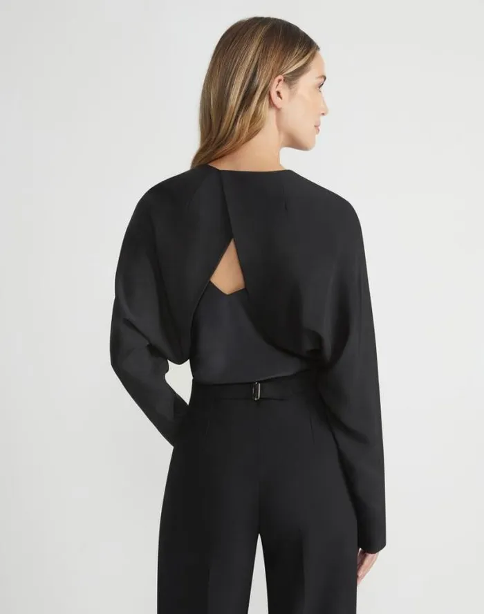 Lafayette 148 New York Silk Stretch Crepe De Chine Cutaway Bolero Black Ready To Wear Jackets and Blazers