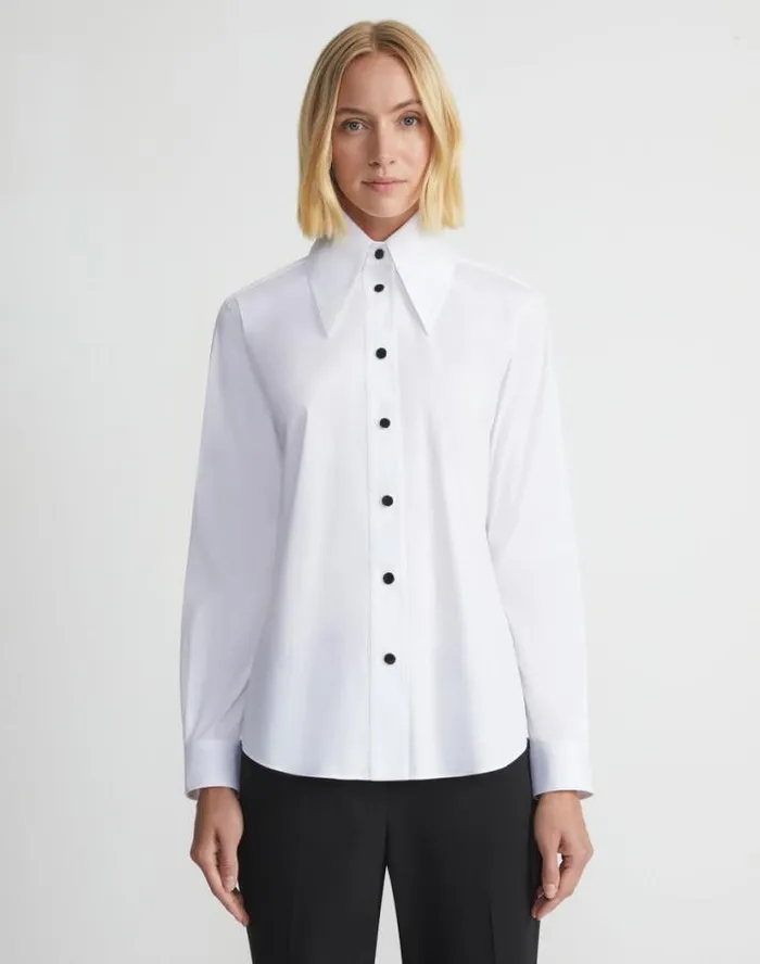 Lafayette 148 New York Stretch Cotton Snap Front Shirt White Ready To Wear Blouses and Shirts