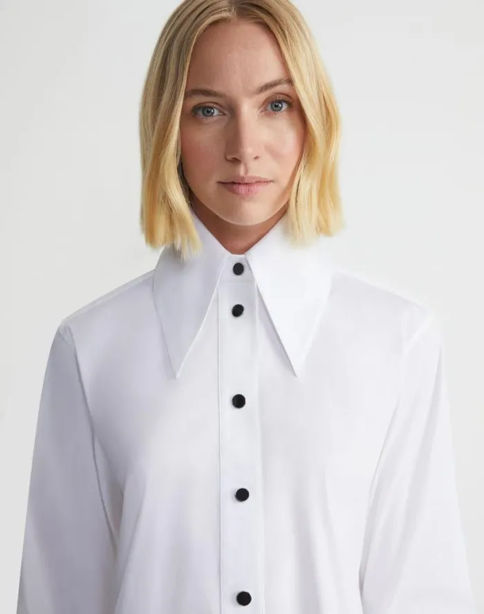 Lafayette 148 New York Stretch Cotton Snap Front Shirt White Ready To Wear Blouses and Shirts
