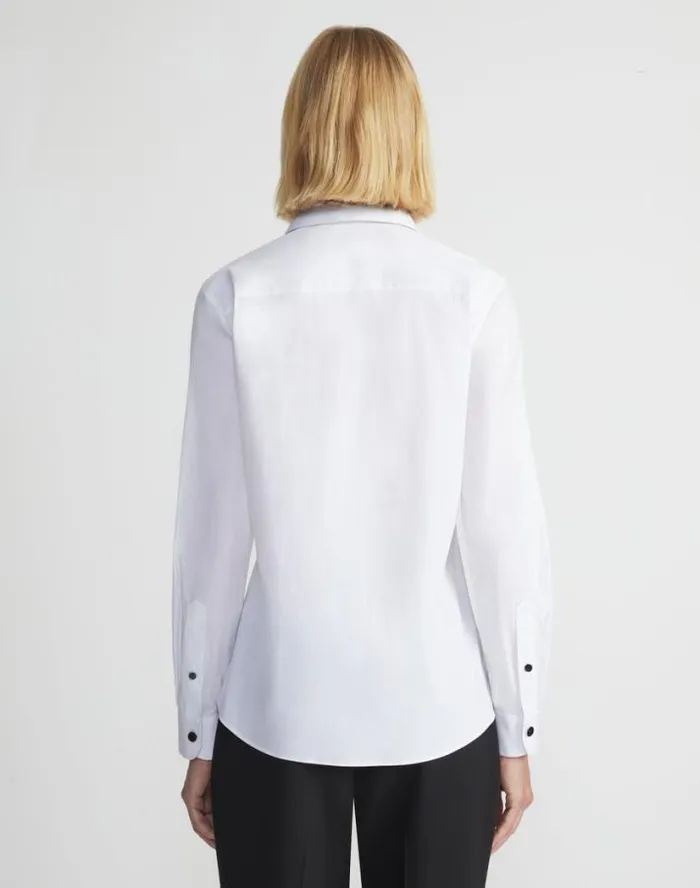 Lafayette 148 New York Stretch Cotton Snap Front Shirt White Ready To Wear Blouses and Shirts